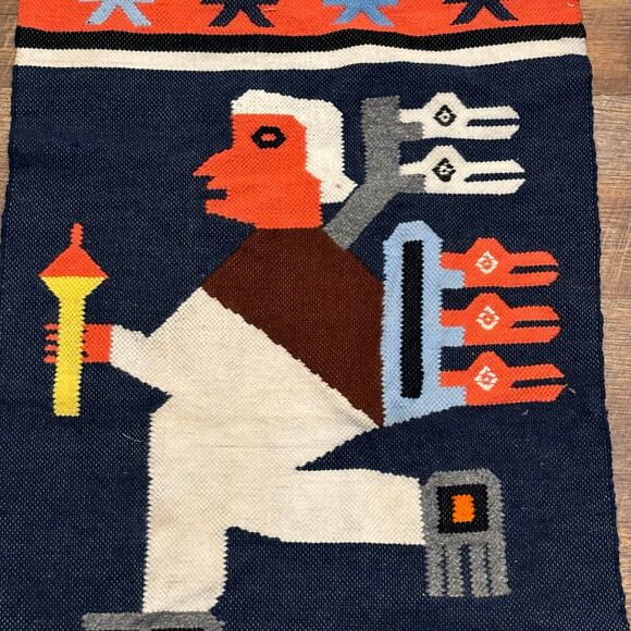 Mayan Indian Warrior w Snake Aztec Peruvian Wall Decor Wool Panel Rug Hand Woven - Picture 3 of 7
